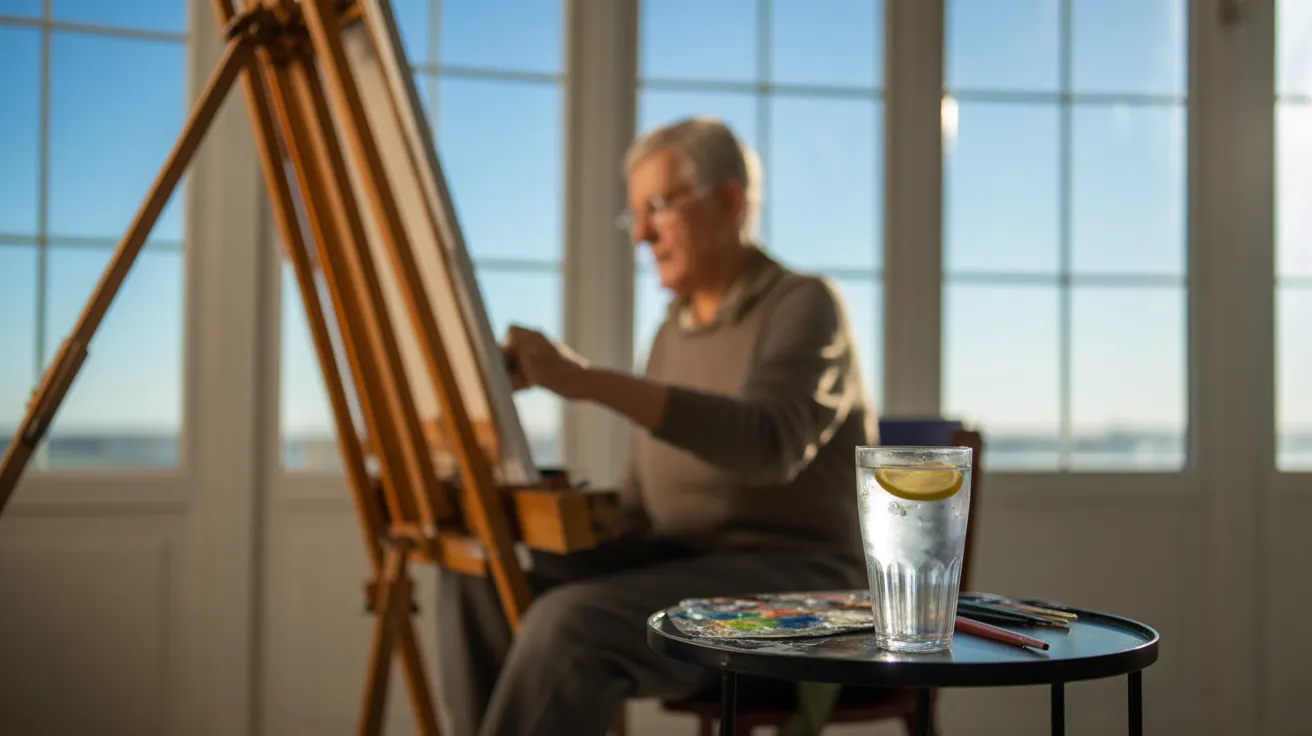 An older artist paints at an easel in a sun-drenched room. An ultra-wide shot captures the entire creative space in harsh midday light.