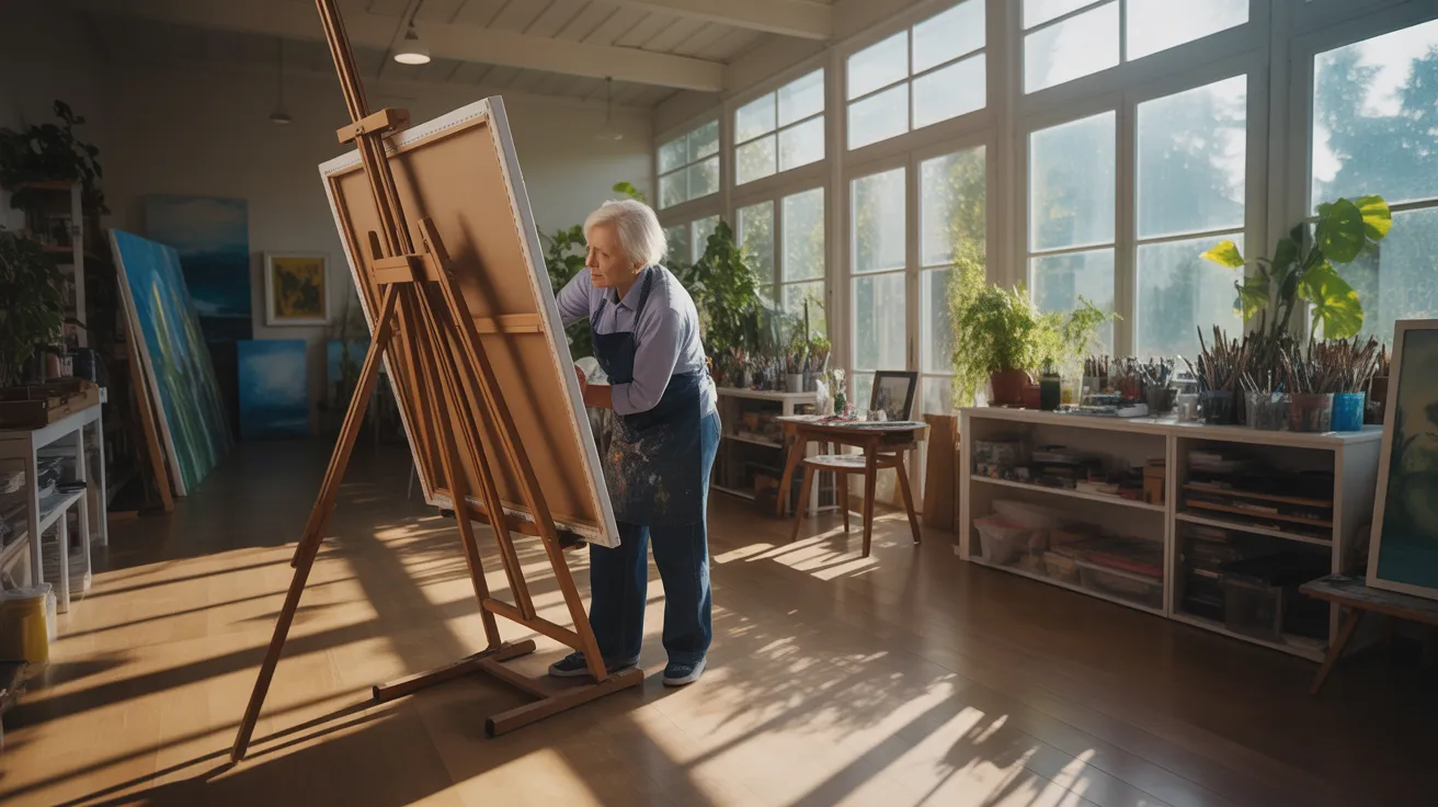 A senior painter at an easel in a sun-drenched room. An ultra-wide view shows the entire creative space under harsh sunlight.