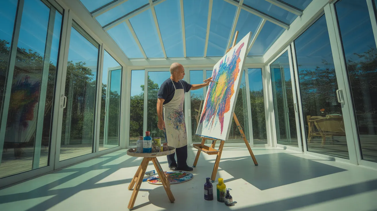 An older man, fully engaged in painting on a large canvas in a sun-drenched room. The ultra-wide shot captures his entire art studio space.