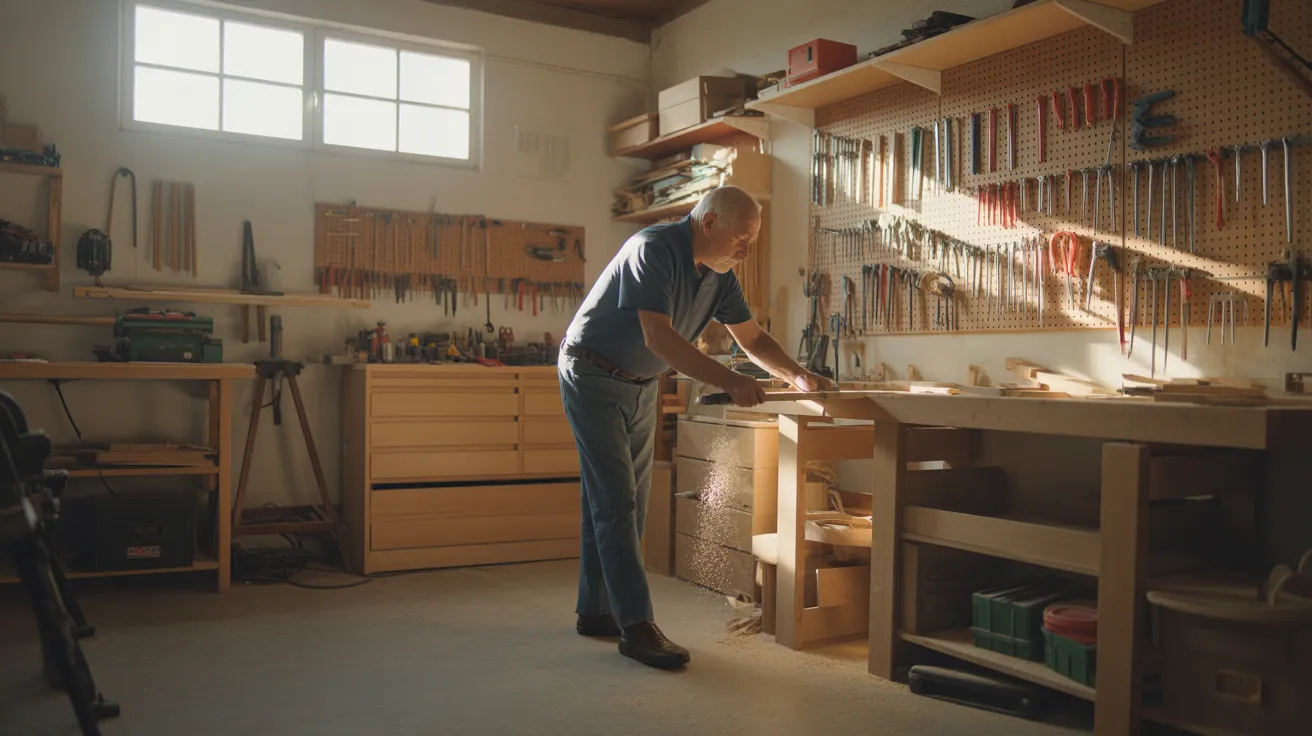 A senior man works at a bench in a sunlit, well-organized garage. An ultra-wide view shows his safe, tidy workspace.