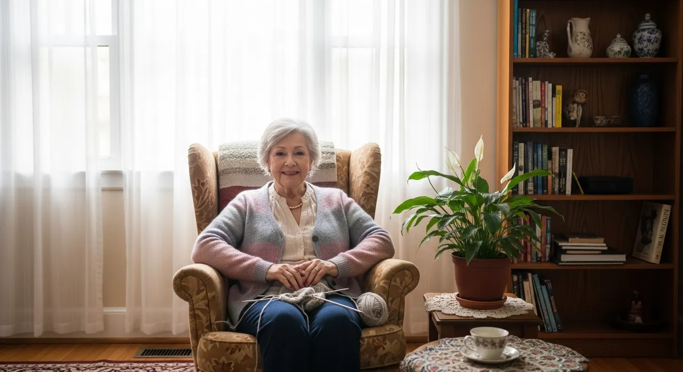 A smiling senior woman sits in a sunlit living room, taking a break from her knitting.