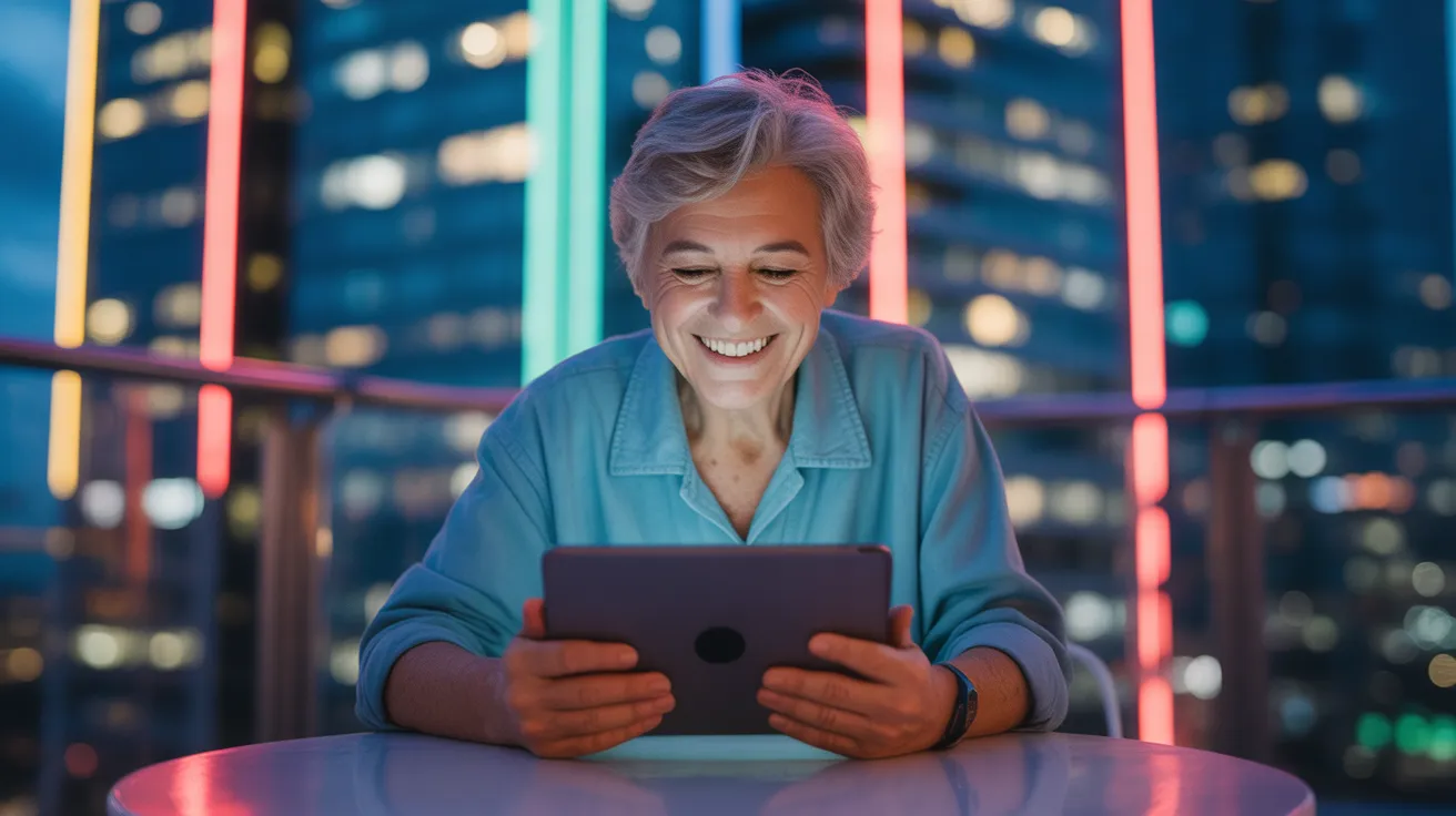 A senior smiles while on a video call on a tablet, sitting on a city balcony at night. Colorful neon lights from below illuminate the scene.