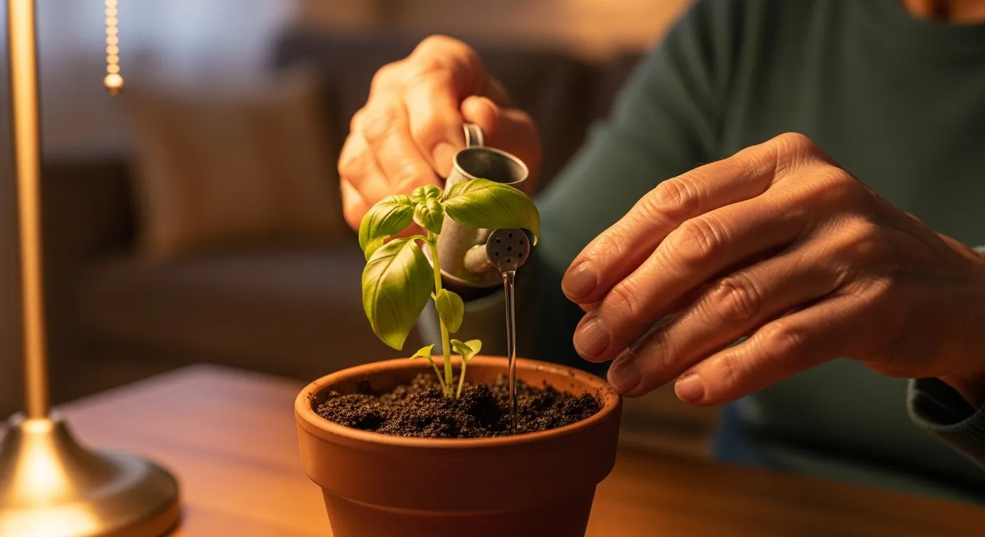 Close-up on the gentle hands of an older person patting soil in a small terracotta pot under warm lamplight.