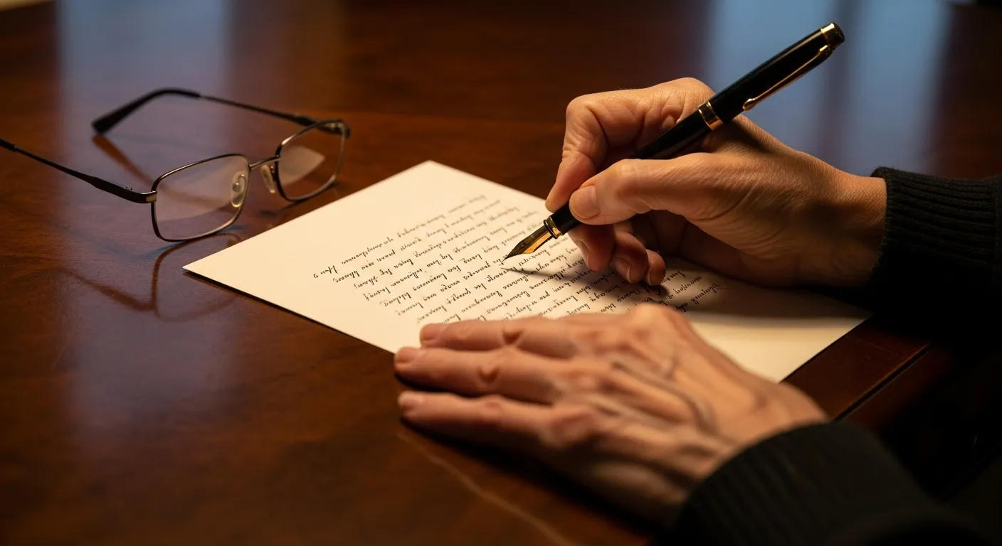 Close-up of a senior's hands writing a letter with a fountain pen, with reading glasses nearby, lit by a soft evening desk lamp.