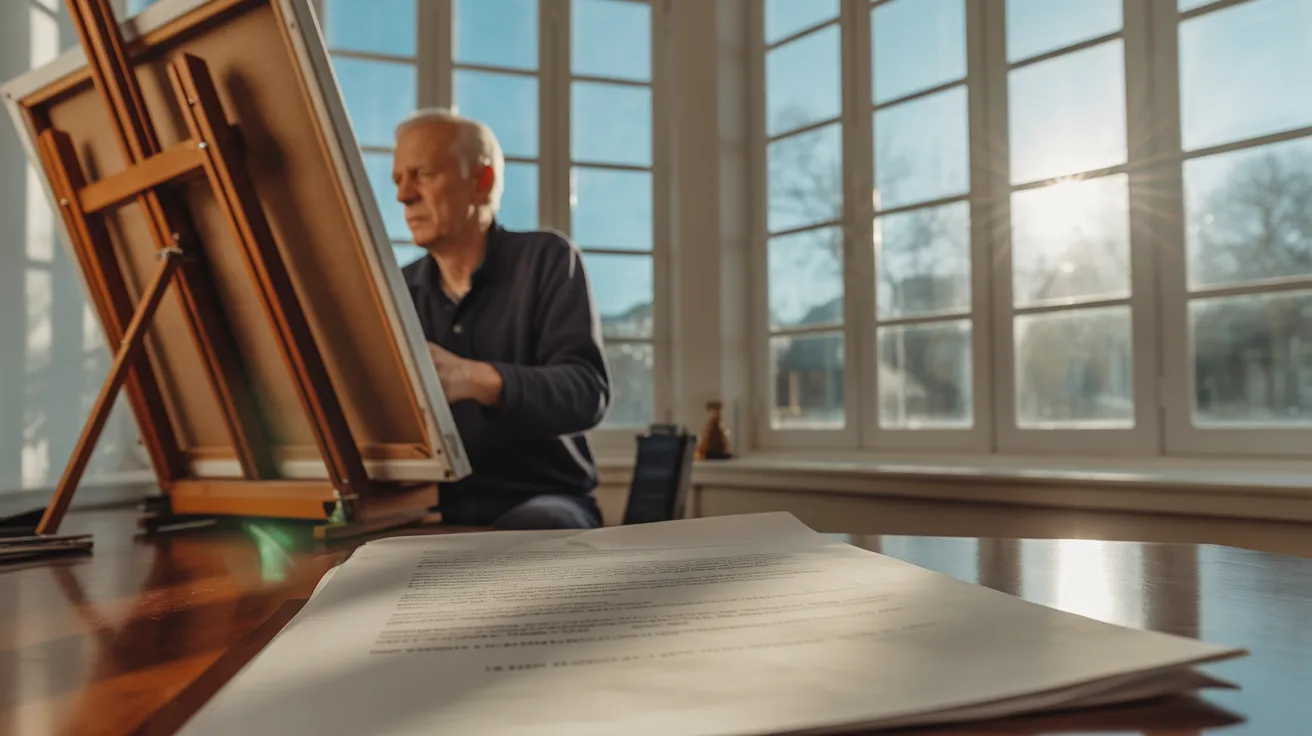An artist's studio in harsh sunlight. An older man paints at an easel while a legal document lies on a desk in the background.