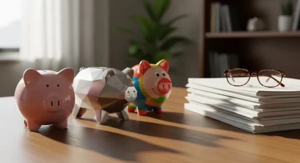 Three different piggy banks and a stack of blurred legal documents with reading glasses on a desk, representing blended family estate planning.