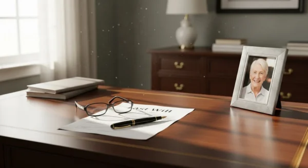 A wide view of a home office with a desk featuring a will, pen, glasses, and a framed photo of a smiling senior.