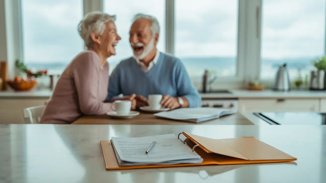 A senior couple laughs at a kitchen table, seen from across the room. A folder with documents rests on a counter in the foreground.