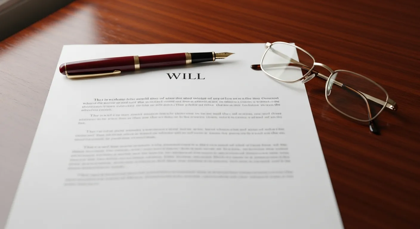 A blurred will document and a fountain pen on a wooden desk, with a pair of reading glasses nearby.