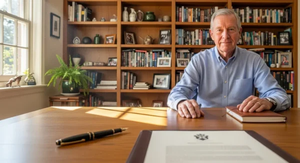 A smiling senior man sits at a desk in his home office, with blurred estate planning documents in front of him, creating a sense of peace.