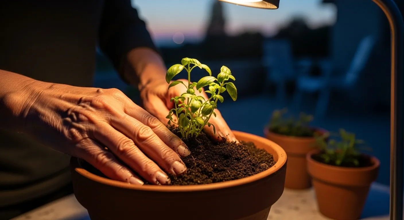 A close-up of a senior's hands tending to a small potted plant on a patio, warmly illuminated by a single lamp in the evening.