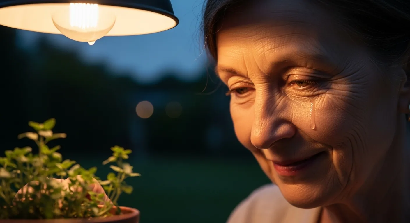 A senior woman smiles contentedly while gardening on her patio in the evening, her face lit by a warm lamp.