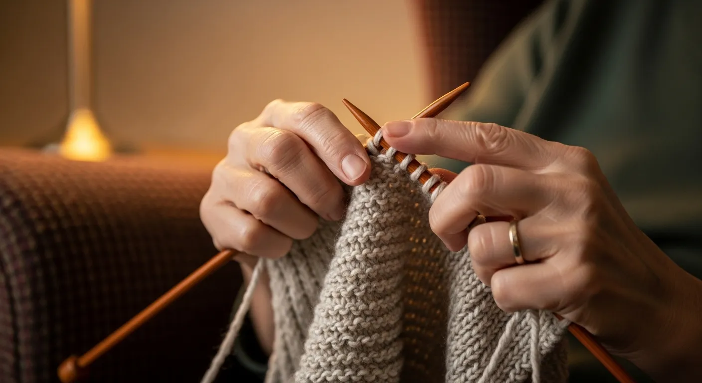 Close-up of a senior's hands knitting with wooden needles and cream-colored wool, lit by a warm lamp in a cozy room.