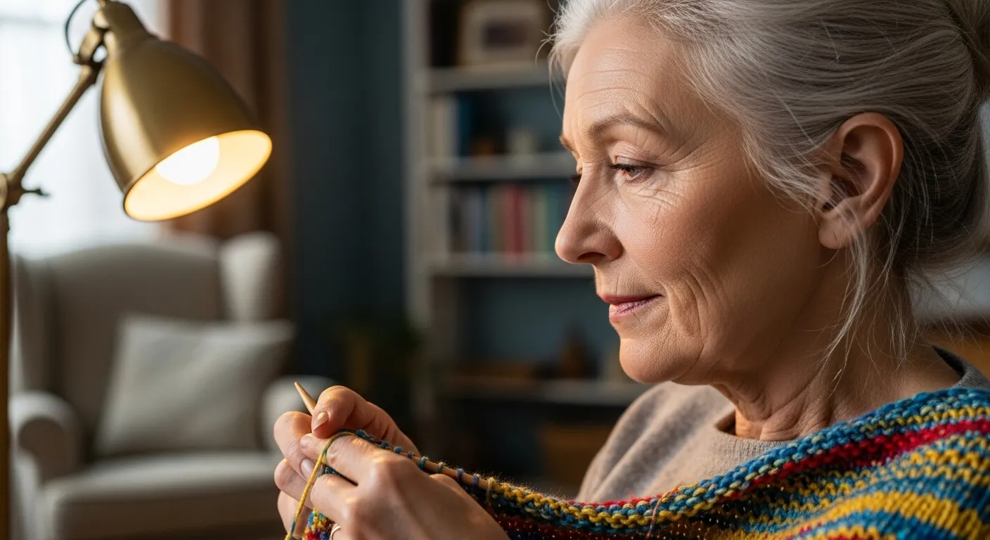 A senior woman smiles gently as she knits in the evening, her face lit by a warm lamp in her cozy home.