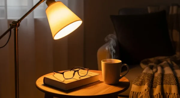 A side table with a book, reading glasses, and a warm mug of tea, creating a relaxing evening atmosphere.