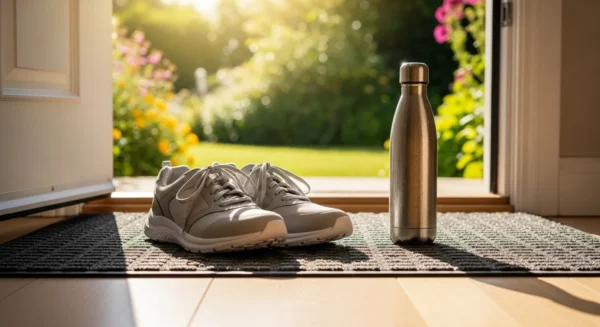 A pair of walking shoes and a water bottle placed by an open door, with bright morning sunlight coming in.