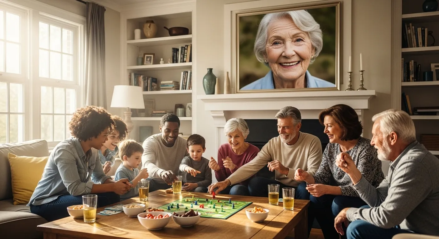 A family plays a board game in a bright living room. In the background, a framed photo on the mantelpiece shows a close-up of a smiling senior.