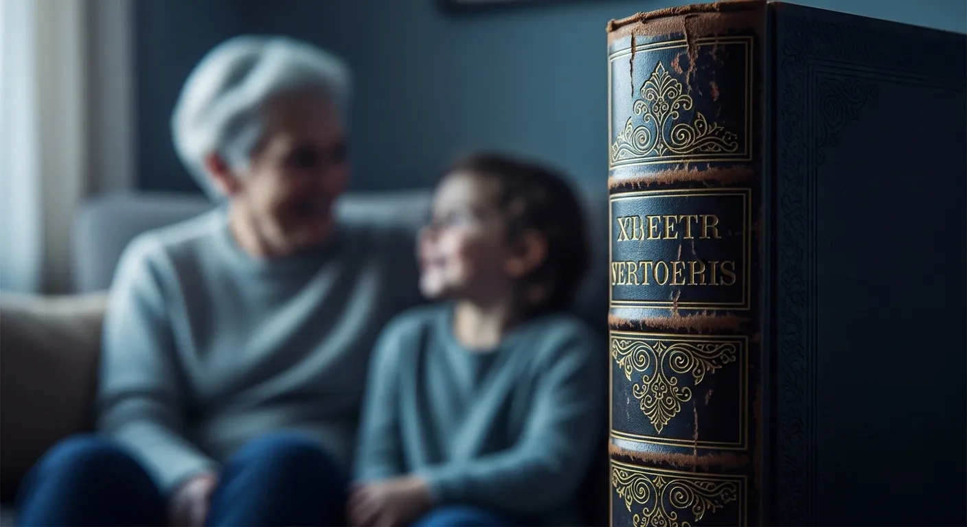 Macro view of a storybook's spine. In the blurred background, a grandparent and grandchild share a smile on a sofa at dusk.
