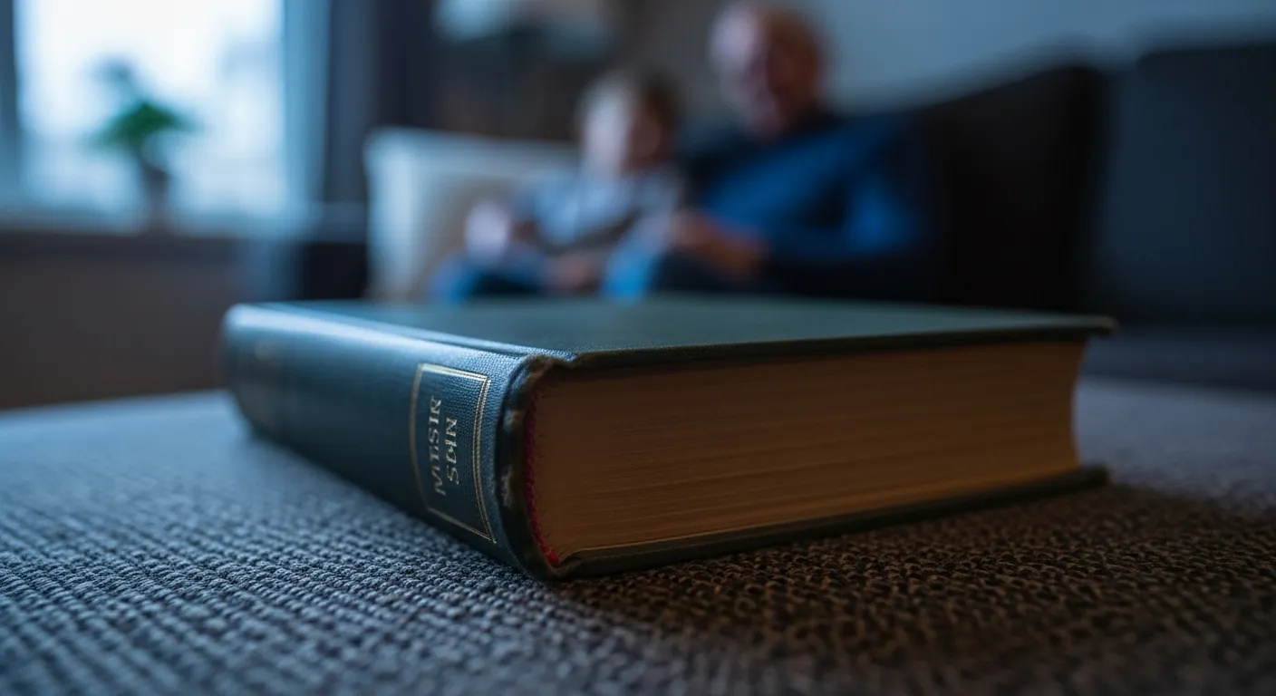 A close-up on the corner of an old book during blue hour, suggesting a quiet evening story and the passing on of a legacy.