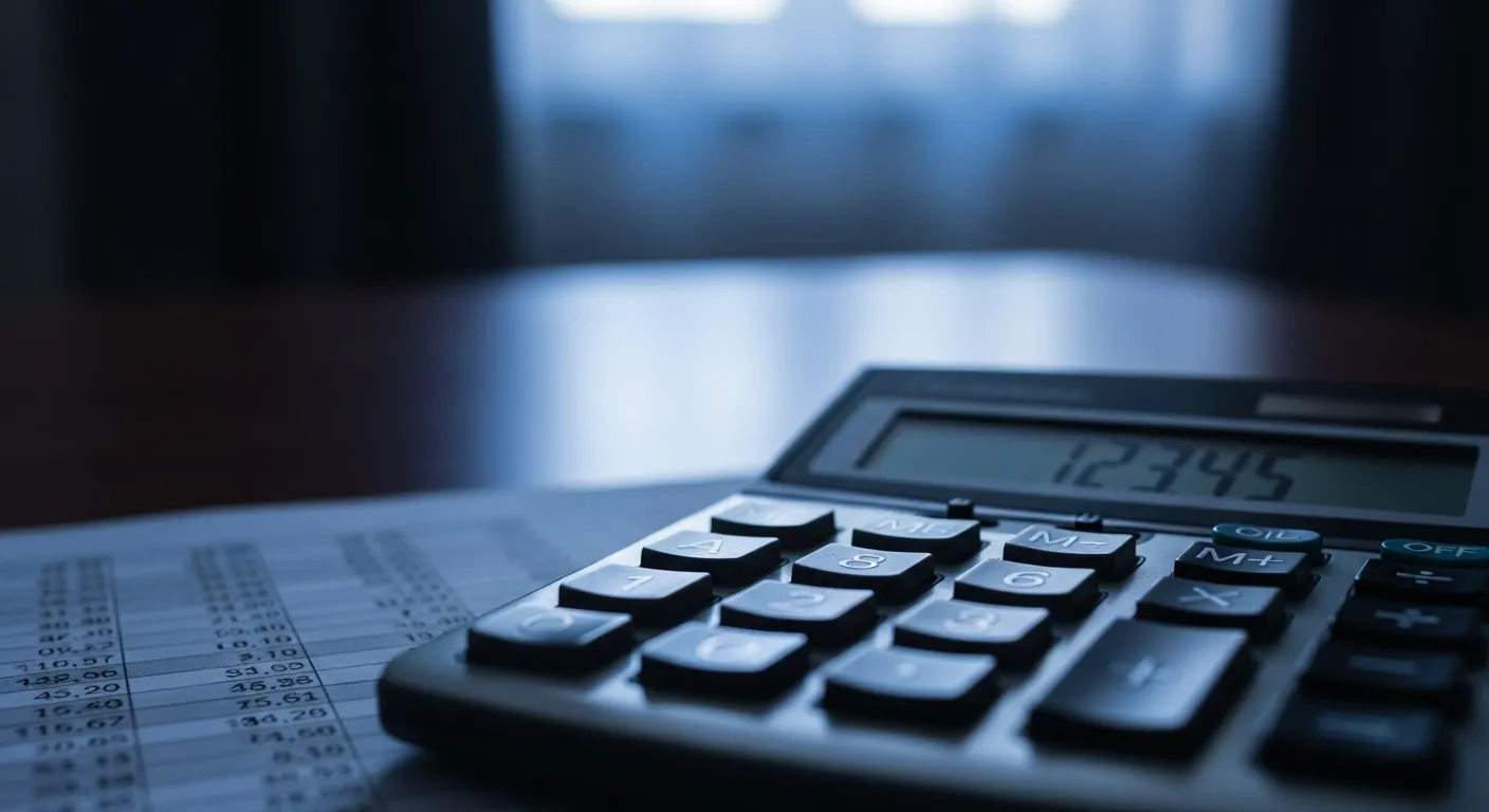 A close-up of a calculator on a blurred financial document, set on a desk during the quiet twilight of blue hour.