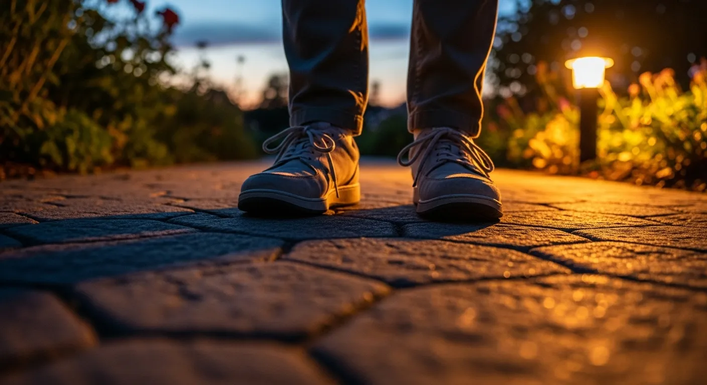 Close-up of a senior's walking shoes on a stone path, illuminated by a warm lamp in the evening.