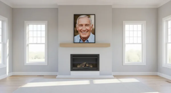 A sunlit living room with a framed close-up portrait of a smiling senior man on the mantelpiece, suggesting a secure and happy retirement.