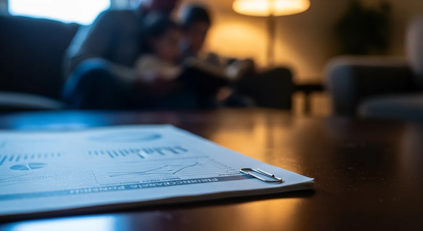 Close-up of a financial document on a table at dusk. In the soft-focus background, a grandparent and child are reading together on a couch.