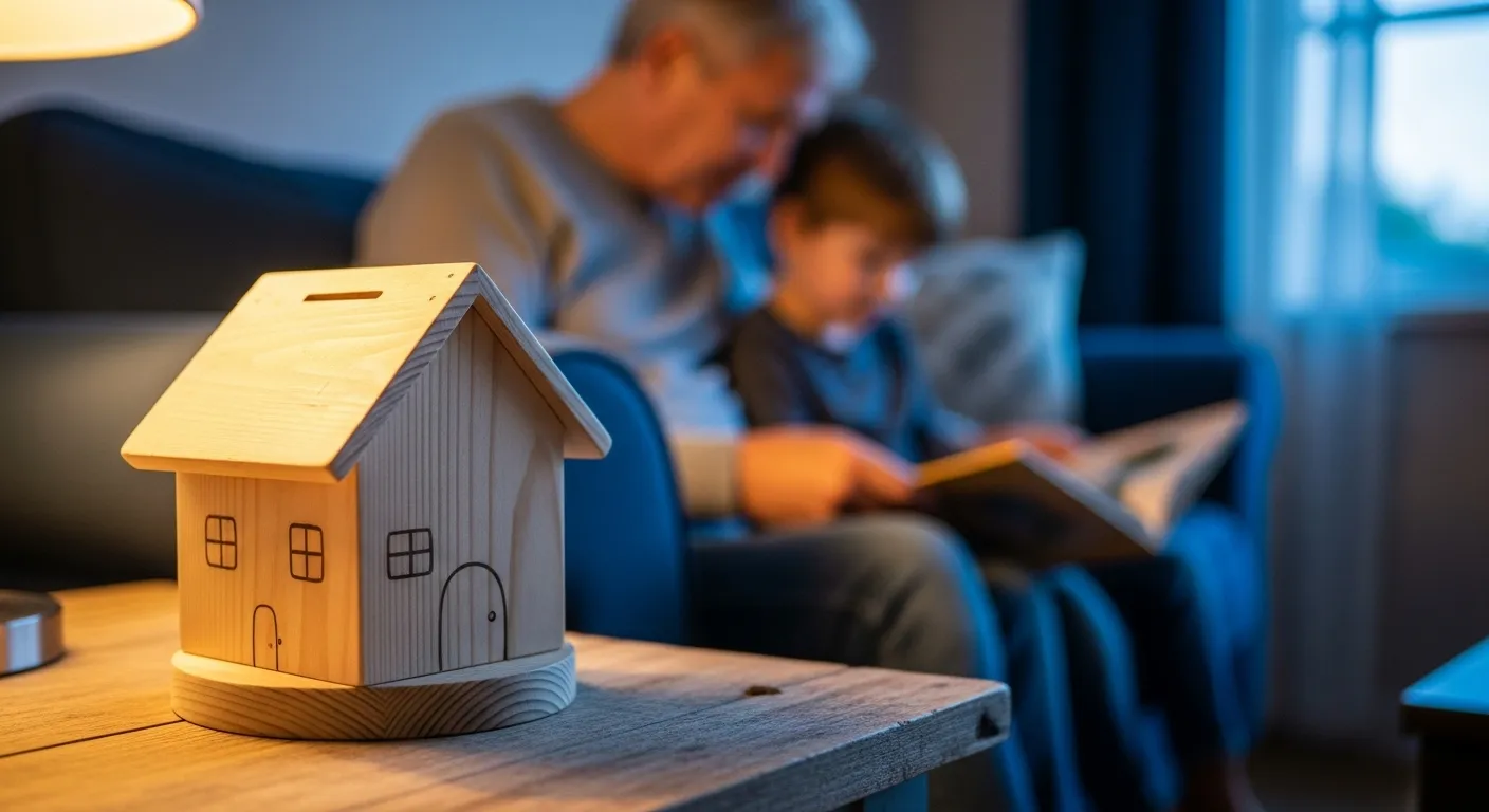 A close-up of a house-shaped piggy bank on a table. In the blurred background, an older person and a child read a book on a sofa at dusk.