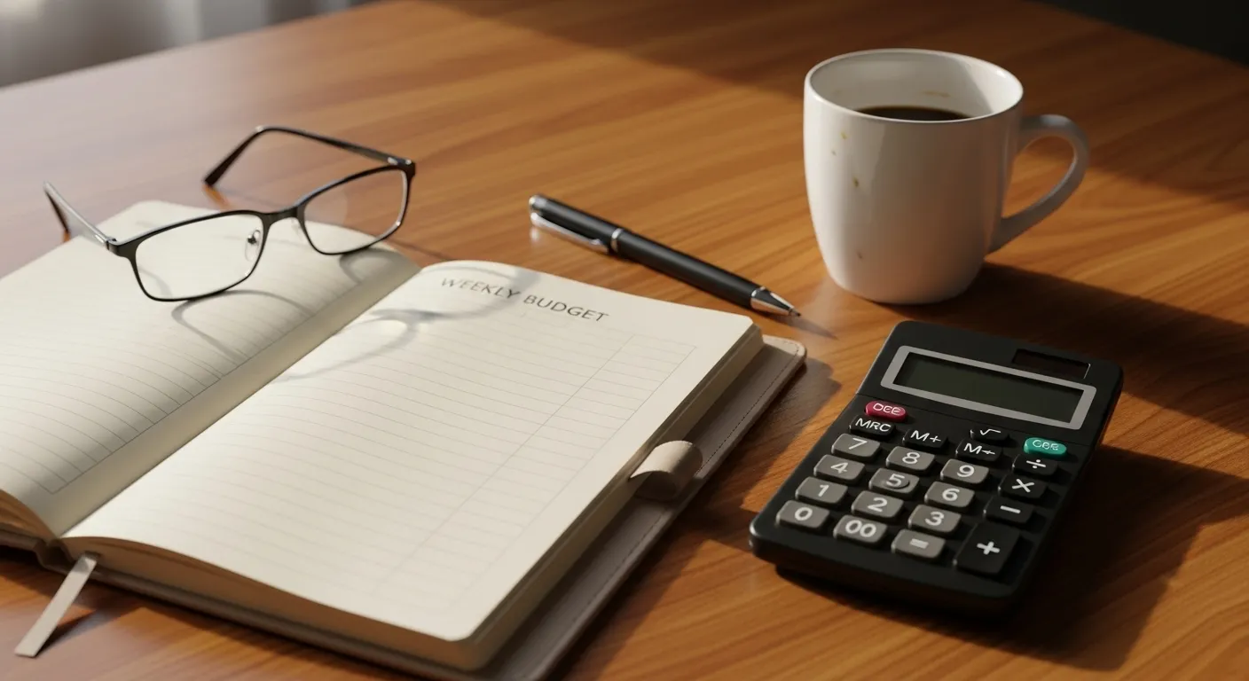 A budget planner, calculator, and reading glasses on a sunlit kitchen table with a coffee mug.
