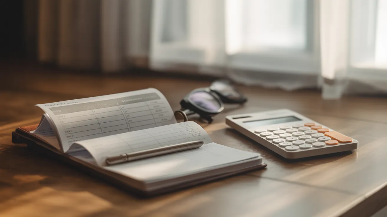 A weekly planner, calculator, pen, and reading glasses arranged on a wooden table, signifying financial planning.