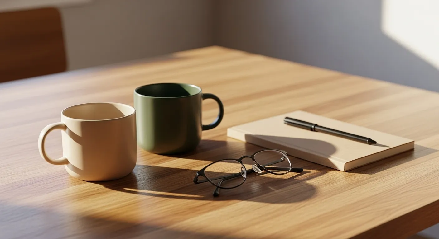Two coffee mugs, a notebook, a pen, and reading glasses on a wooden table, implying a discussion about plans.