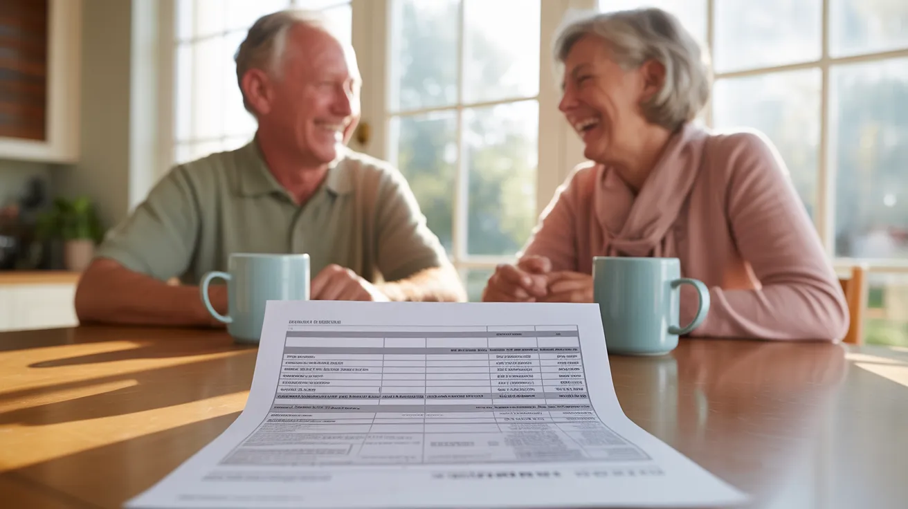 Two happy seniors laugh together at a kitchen table, with coffee and a blurred financial document in the foreground.