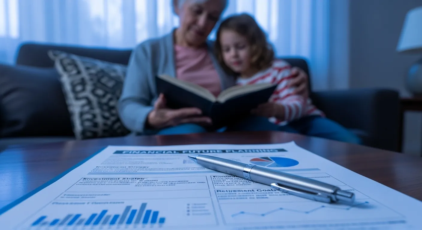 A financial checklist in sharp focus on a table, with a grandparent and grandchild reading together blurred in the background at twilight.