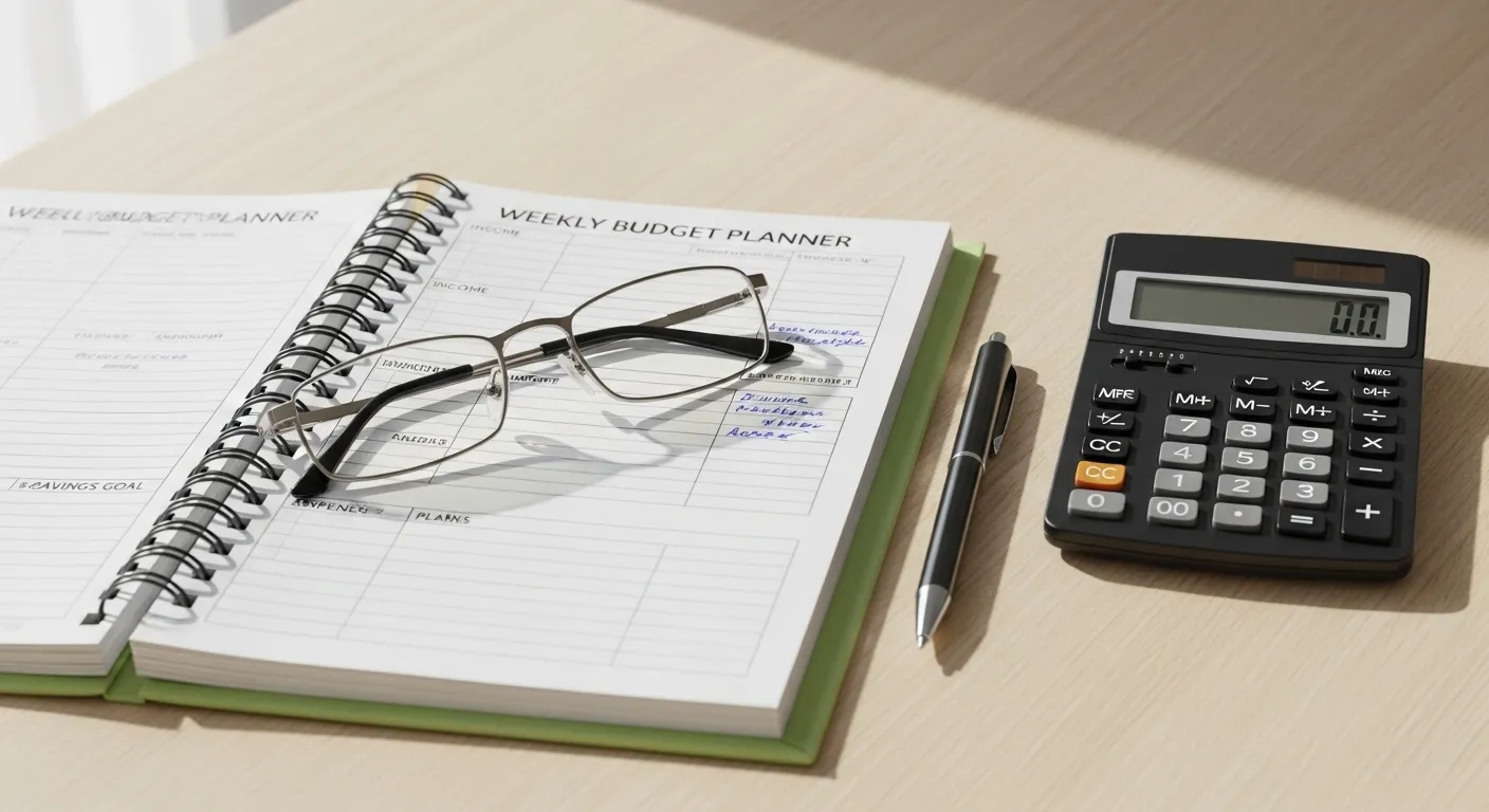 Reading glasses and a calculator on a weekly planner, symbolizing the process of budgeting for retirement health expenses.