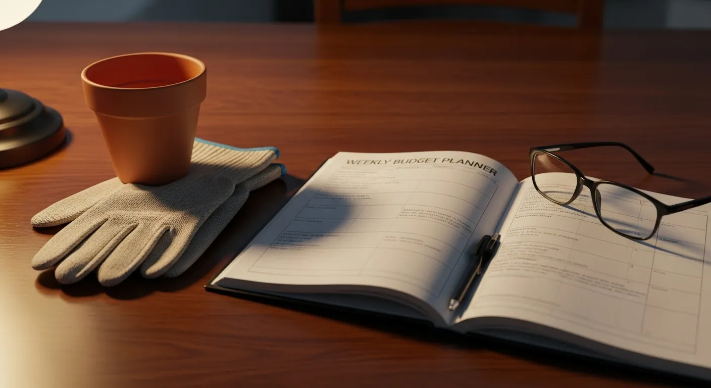 A close-up of an open budget planner and reading glasses, with gardening gloves and a small pot nearby under warm lamplight.