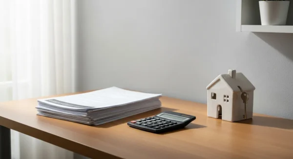 A wide view of a sunlit home office desk with a house-shaped piggy bank, calculator, and papers, suggesting financial planning for a home.
