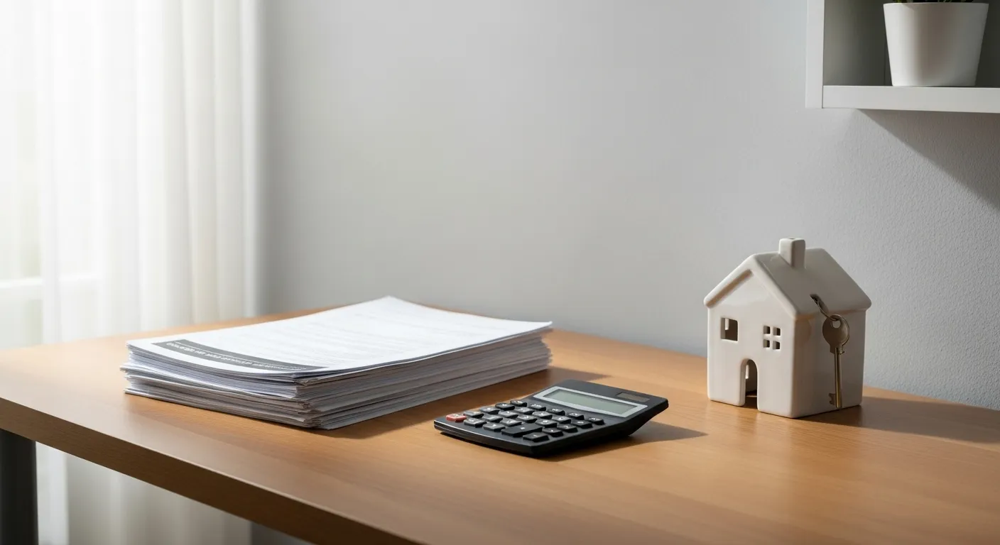 A wide view of a sunlit home office desk with a house-shaped piggy bank, calculator, and papers, suggesting financial planning for a home.