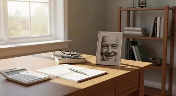 A wide view of a tidy home office in daylight, with a planner and glasses on the desk and a framed photo of a smiling senior on a shelf.