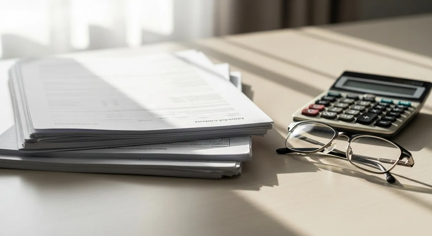 A calculator, reading glasses, and a stack of papers with blurred text arranged neatly on a wooden desk in bright morning light.