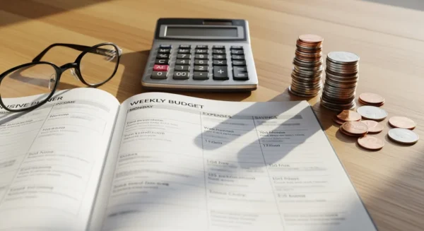 A close-up of budgeting tools on a table in morning light: a blurred planner, a calculator, stacked coins, and reading glasses.