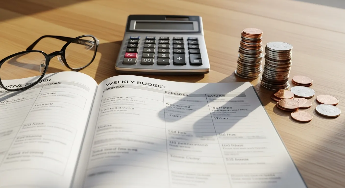 A close-up of budgeting tools on a table in morning light: a blurred planner, a calculator, stacked coins, and reading glasses.