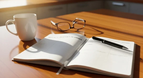 An open weekly planner, pen, coffee mug, and reading glasses on a sunlit wooden table, suggesting financial planning.