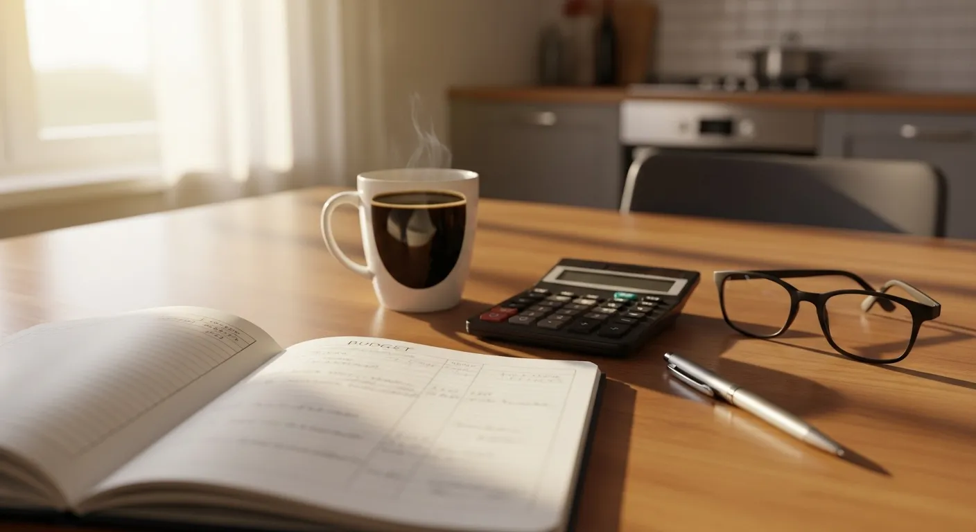 A desk with a blurred budget notebook, calculator, reading glasses, and a coffee mug, set for retirement financial planning.