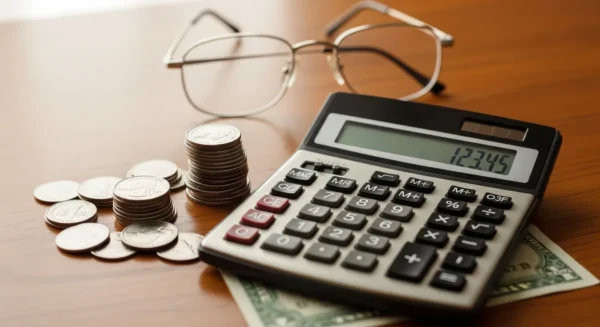 A close-up of a calculator, a stack of coins, and reading glasses on a wooden table, symbolizing financial planning.