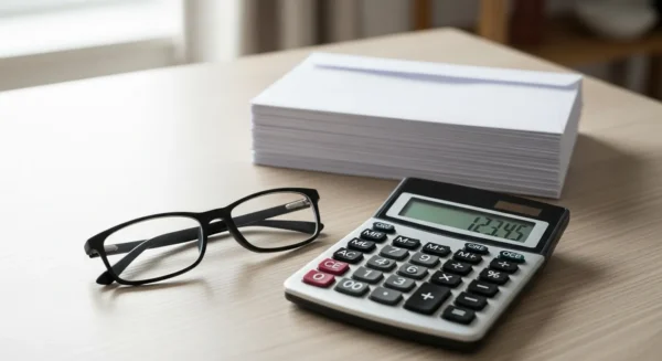 Reading glasses, a calculator, and a stack of bills on a wooden table in soft, natural light, suggesting financial planning.