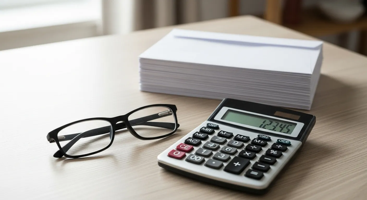 Reading glasses, a calculator, and a stack of bills on a wooden table in soft, natural light, suggesting financial planning.