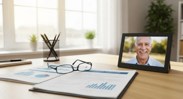 A sunlit home office desk with a financial planner, reading glasses, and a digital frame showing a photo of a smiling elderly man.