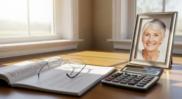 A home office desk in daylight, with a financial planner, glasses, and a framed photograph of a happy older person.