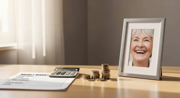 A wide view of a home office desk in daylight, featuring a budget planner, calculator, coins, and a framed photo of a smiling senior.