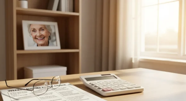 A wide view of a home office in daylight, with a desk focused on financial planning tools and a framed photo of a smiling senior woman in the backgrou